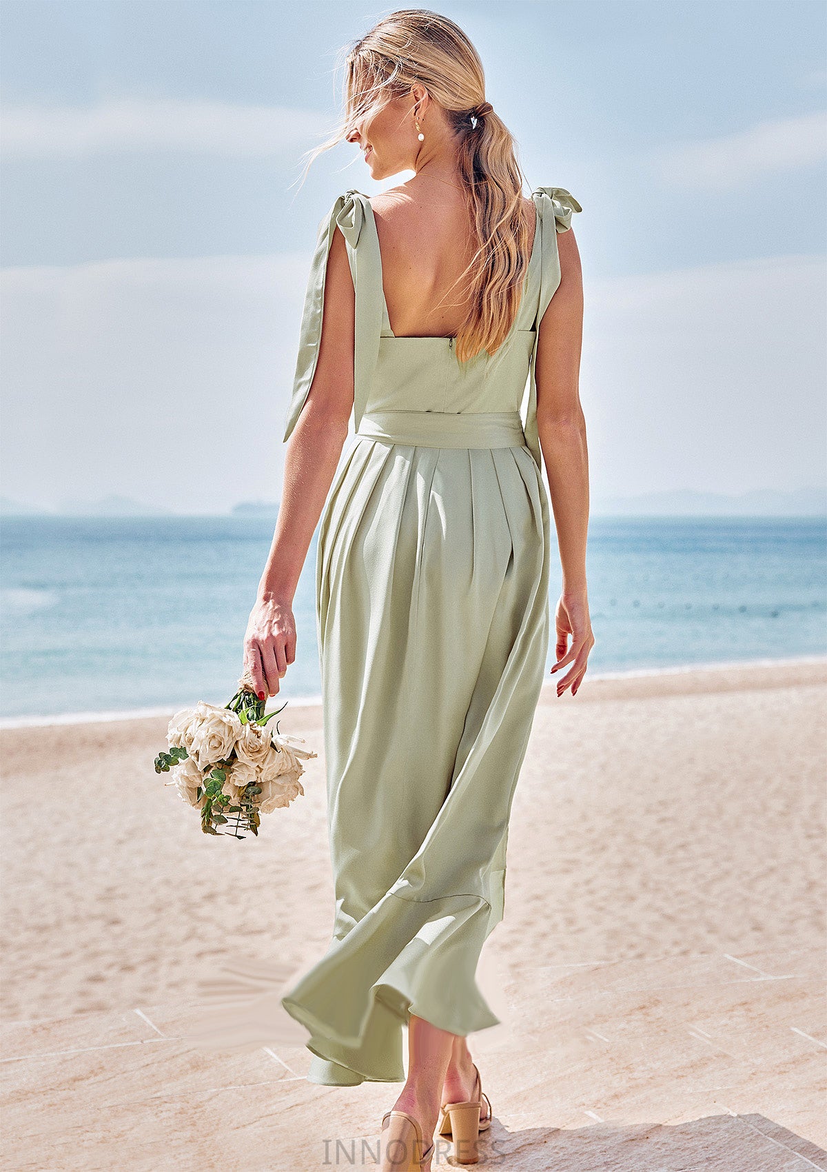 Sheath/Column Square Neckline Sleeveless Tea-Length Stretch Satin Bridesmaid Dresses with Bowknot Ruffles Split Ann DPP0025280