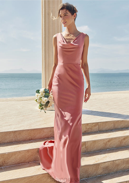 Trumpet/Mermaid Cowl Neck Sleeveless Floor-Length Stretch Satin Bridesmaid Dresses with Sashes Alyvia DPP0025281