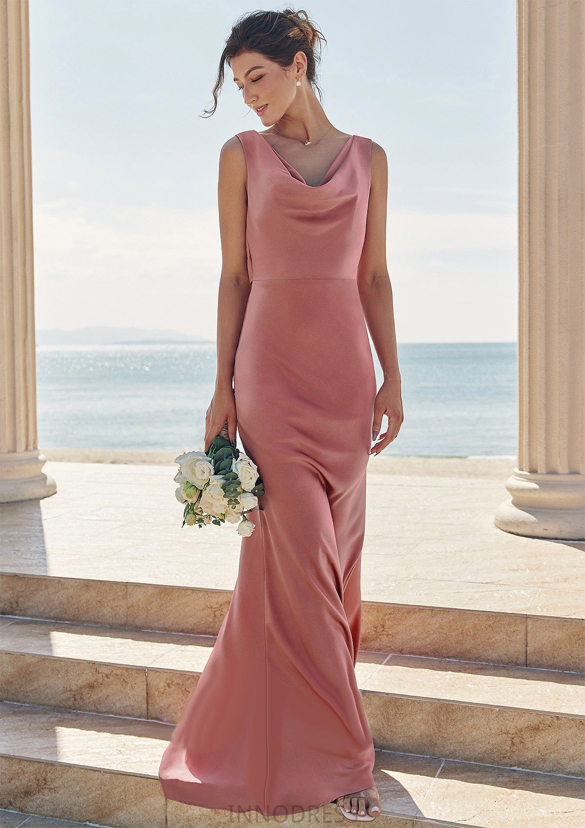 Trumpet/Mermaid Cowl Neck Sleeveless Floor-Length Stretch Satin Bridesmaid Dresses with Sashes Alyvia DPP0025281