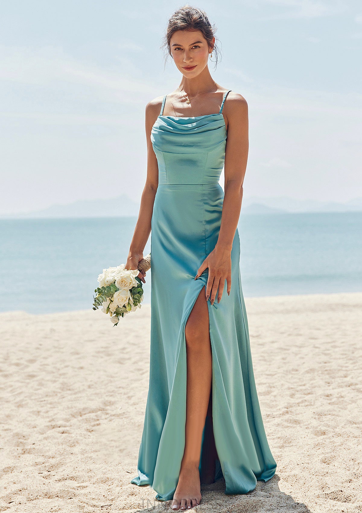 Sheath/Column Square Neckline Sleeveless Floor-Length Stretch Satin Bridesmaid Dresses with Pleated Split Regina DPP0025282