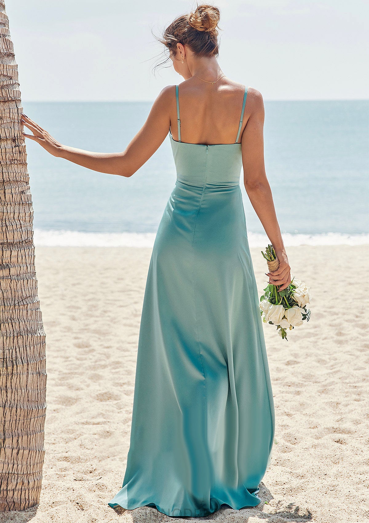 Sheath/Column Square Neckline Sleeveless Floor-Length Stretch Satin Bridesmaid Dresses with Pleated Split Regina DPP0025282