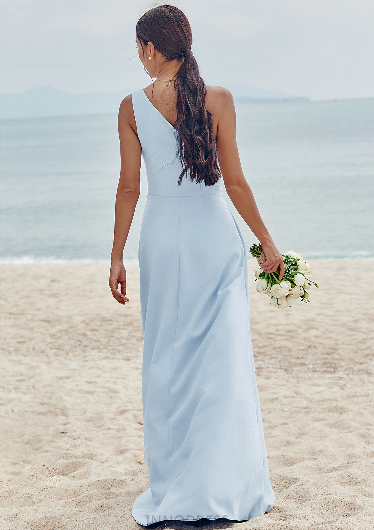 A-line One-Shoulder Sleeveless Floor-Length Stretch Crepe Bridesmaid Dresses with Pleated Split Una DPP0025284