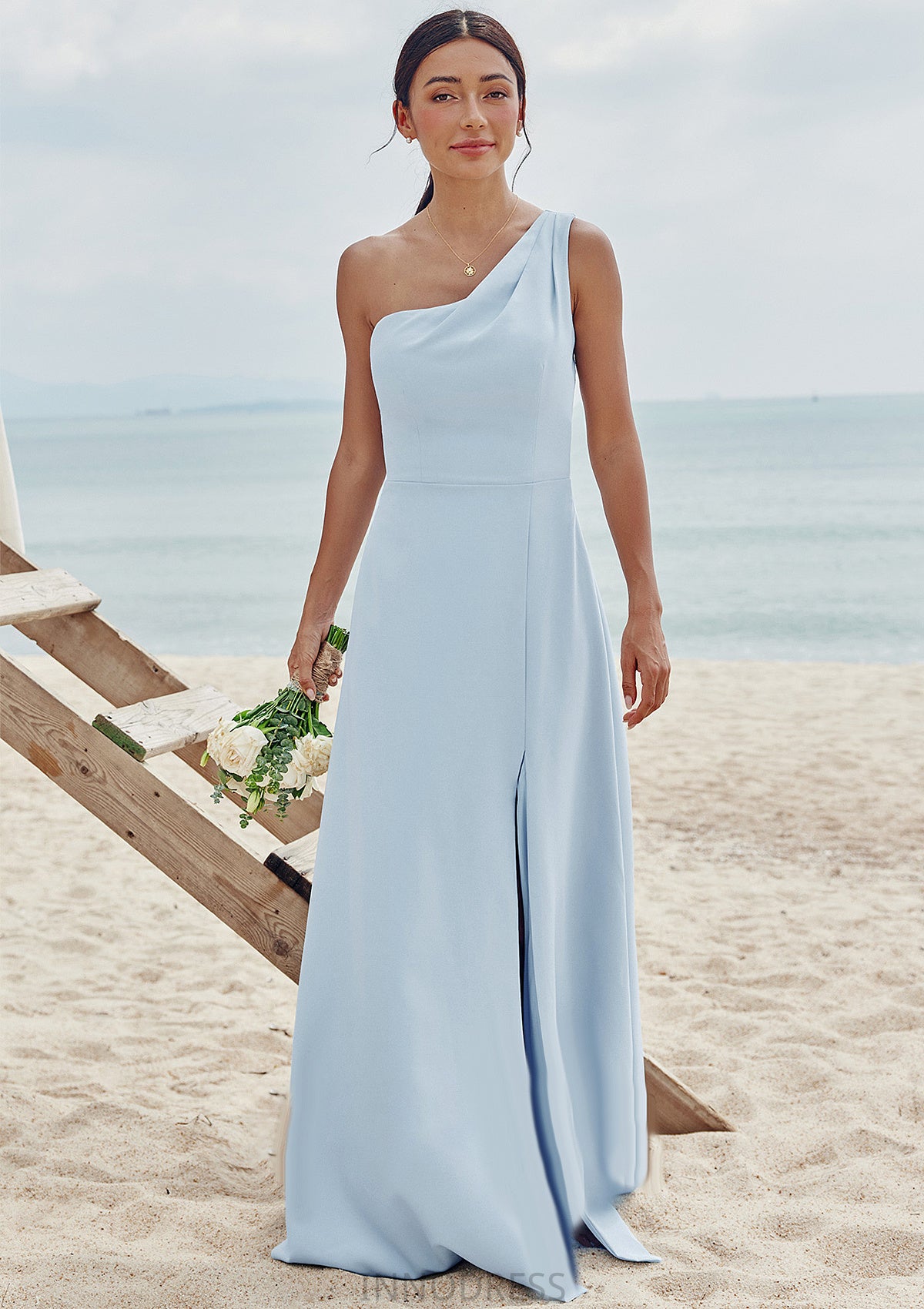 A-line One-Shoulder Sleeveless Floor-Length Stretch Crepe Bridesmaid Dresses with Pleated Split Una DPP0025284