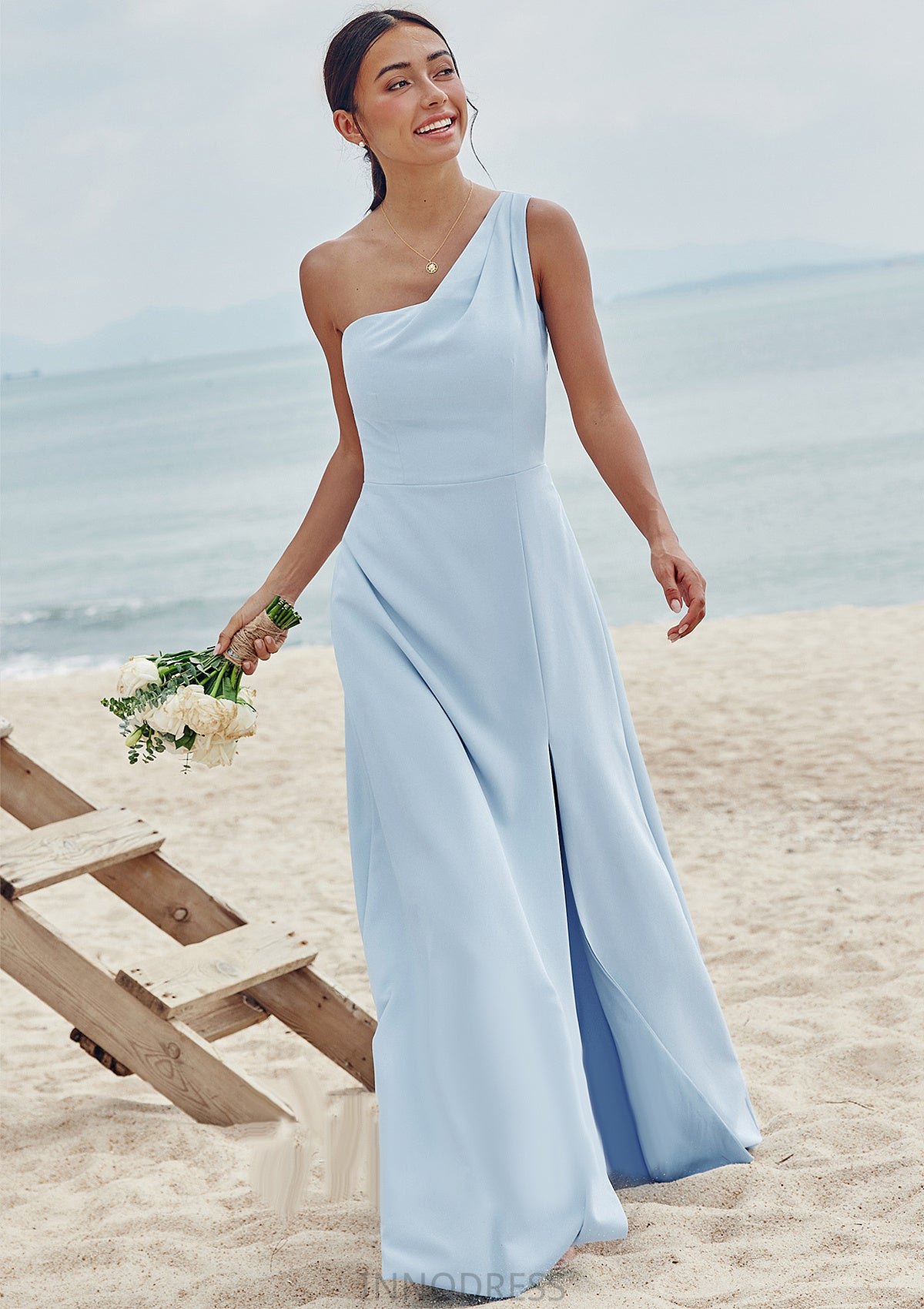 A-line One-Shoulder Sleeveless Floor-Length Stretch Crepe Bridesmaid Dresses with Pleated Split Una DPP0025284