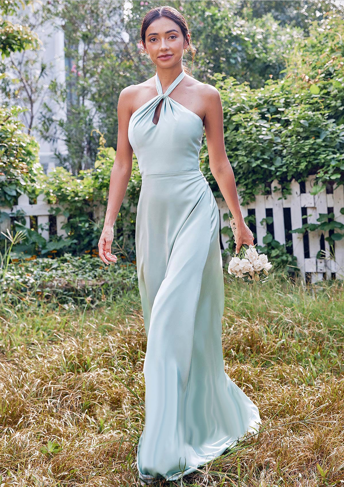 A-line Halter Sleeveless Floor-Length Stretch Satin Bridesmaid Dresses with Split Monique DPP0025287