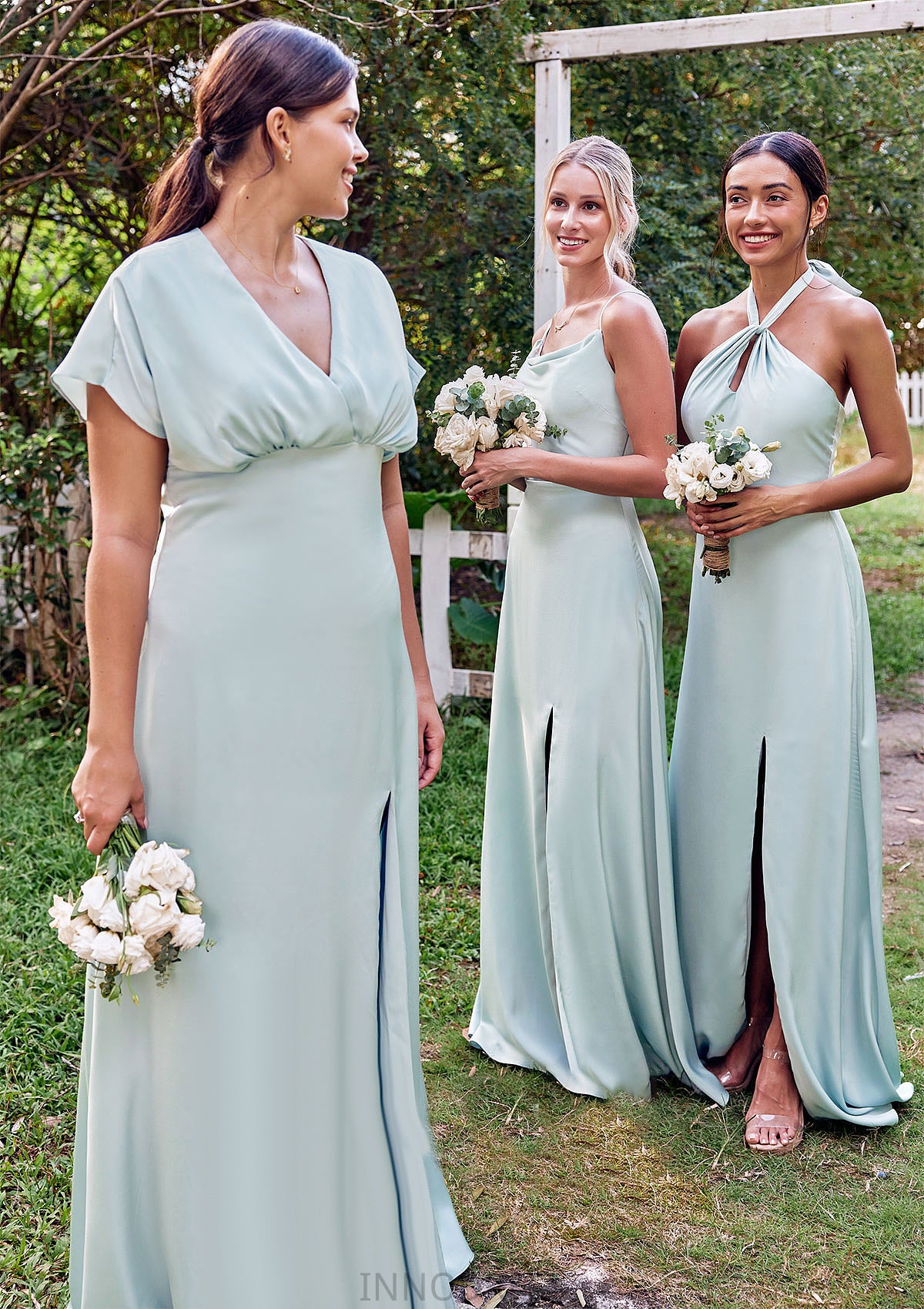 A-line Halter Sleeveless Floor-Length Stretch Satin Bridesmaid Dresses with Split Monique DPP0025287