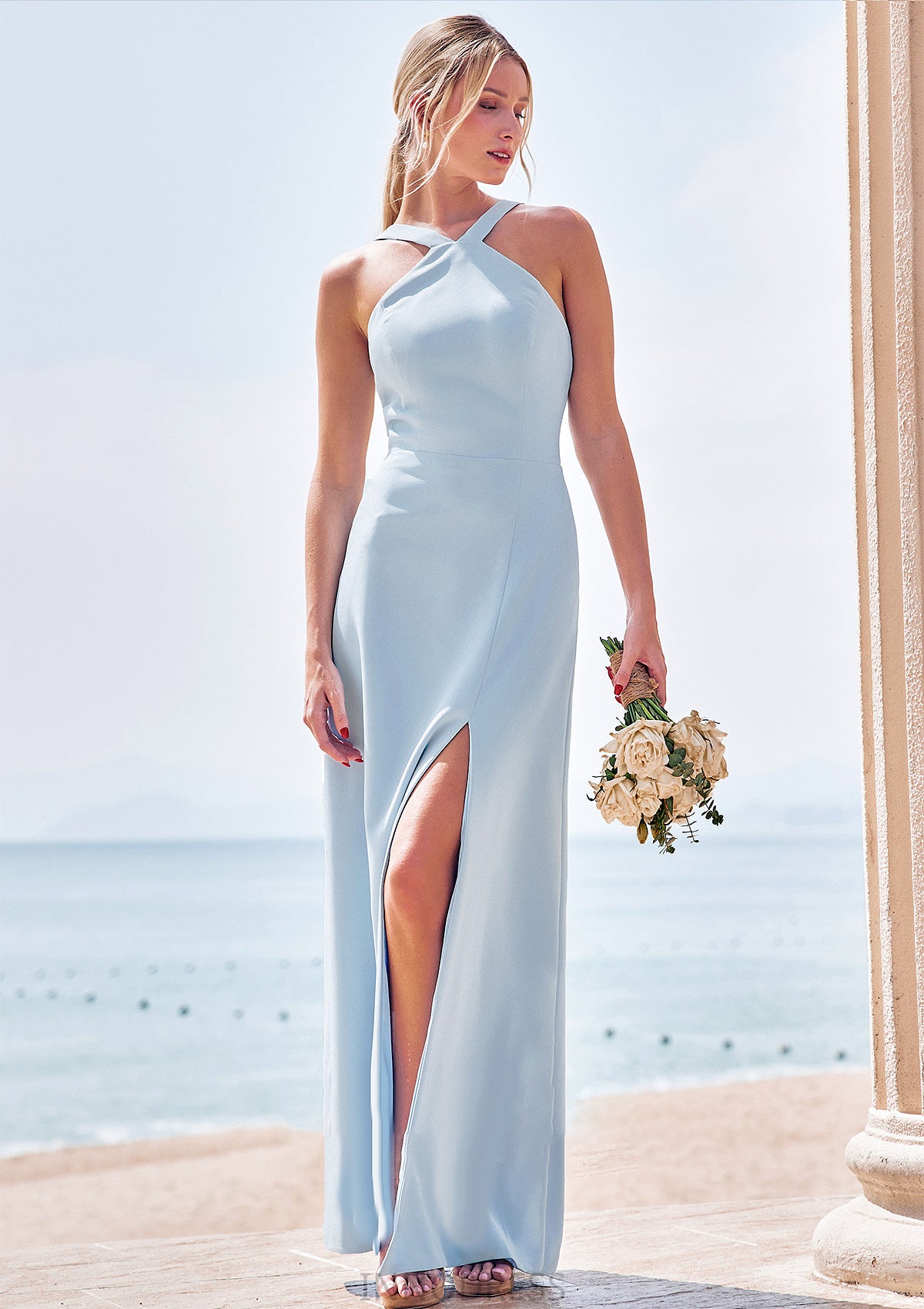 Sheath/Column Halter Sleeveless Floor-Length Stretch Crepe Bridesmaid Dresses with Split Marlee DPP0025291