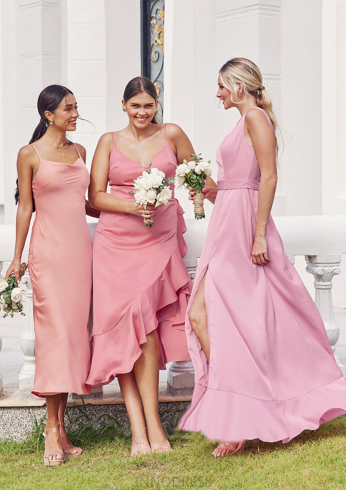 A-line V Neck Sleeveless Asymmetrical Stretch Satin Bridesmaid Dresses with Sashes Ruffles Annabel DPP0025292