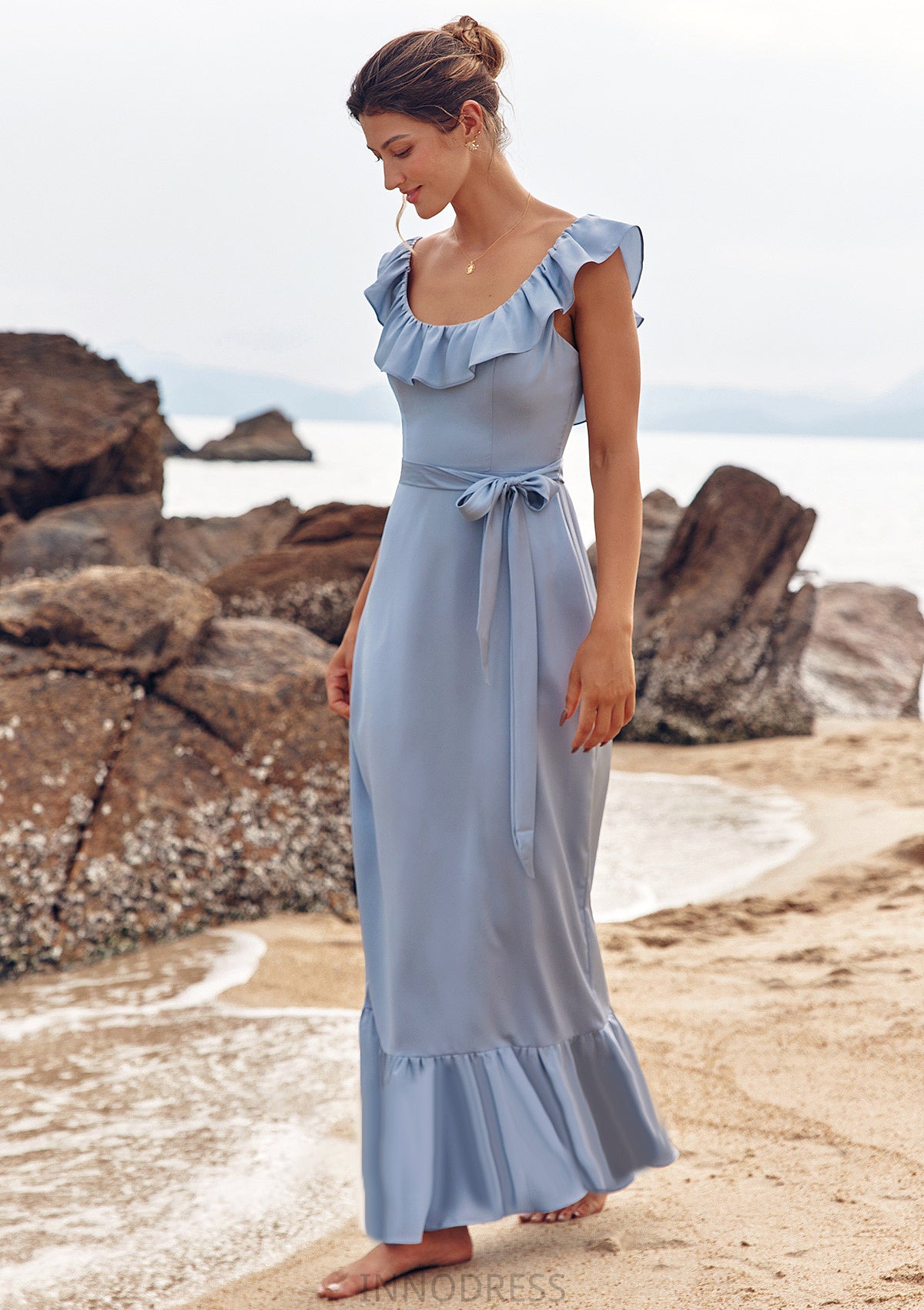 Sheath/Column Scoop Neck Sleeveless Floor-Length Stretch Satin Bridesmaid Dresses with Sashes Ruffles Carina DPP0025293