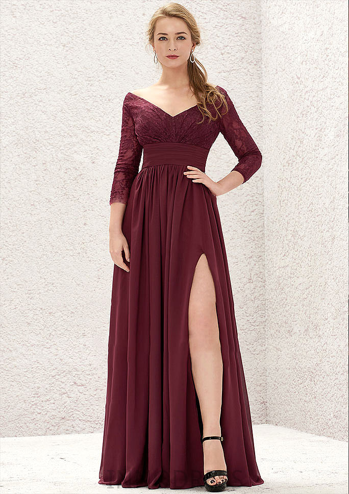 A-line V Neck Full/Long Sleeve Long/Floor-Length Chiffon Bridesmaid Dresses With Lace Split Pleated Brynlee DPP0025304