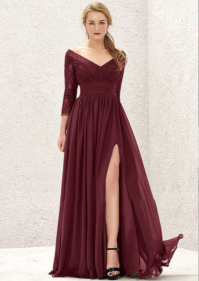 A-line V Neck Full/Long Sleeve Long/Floor-Length Chiffon Bridesmaid Dresses With Lace Split Pleated Brynlee DPP0025304