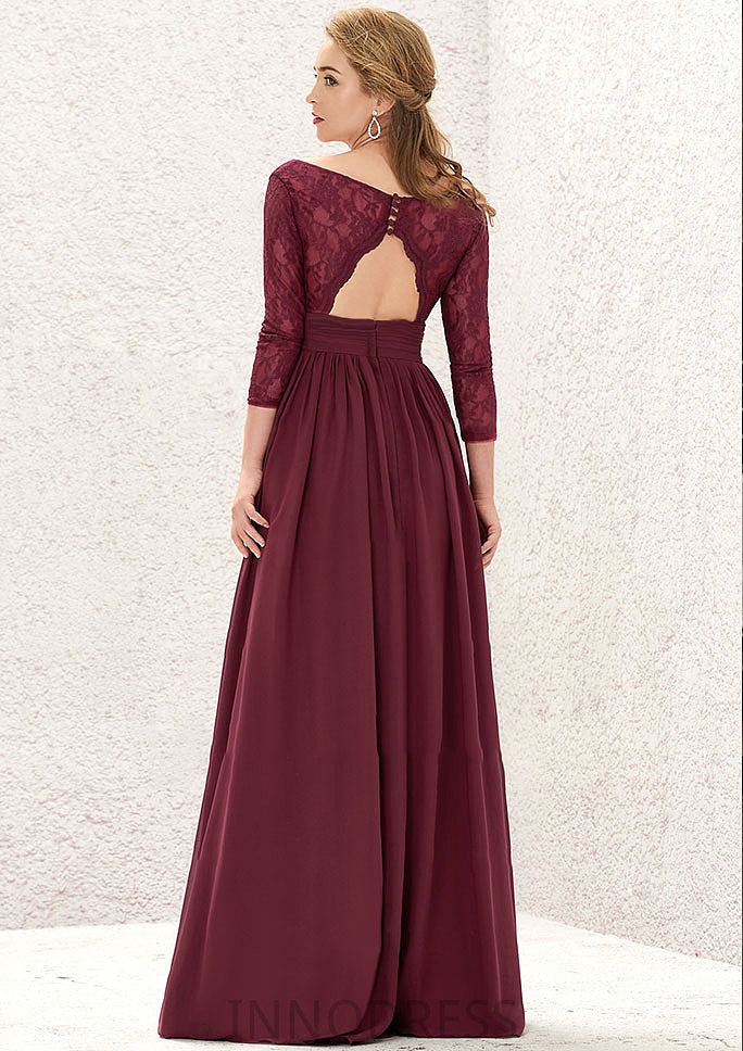 A-line V Neck Full/Long Sleeve Long/Floor-Length Chiffon Bridesmaid Dresses With Lace Split Pleated Brynlee DPP0025304