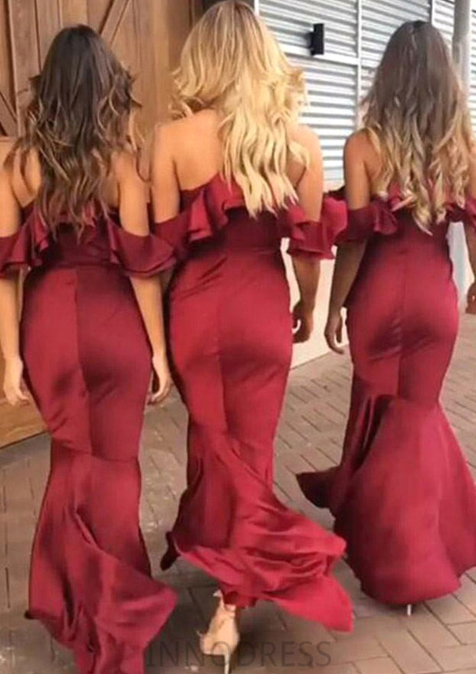 Sleeveless V Neck Asymmetrical Trumpet/Mermaid Charmeuse Bridesmaid Dresseses With Ruffles Elisa DPP0025305