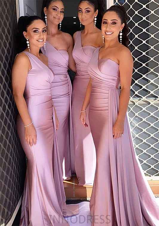 Trumpet/Mermaid One-Shoulder Sleeveless Sweep Train Jersey Bridesmaid Dresses With Pleated Side Draping Iris DPP0025308