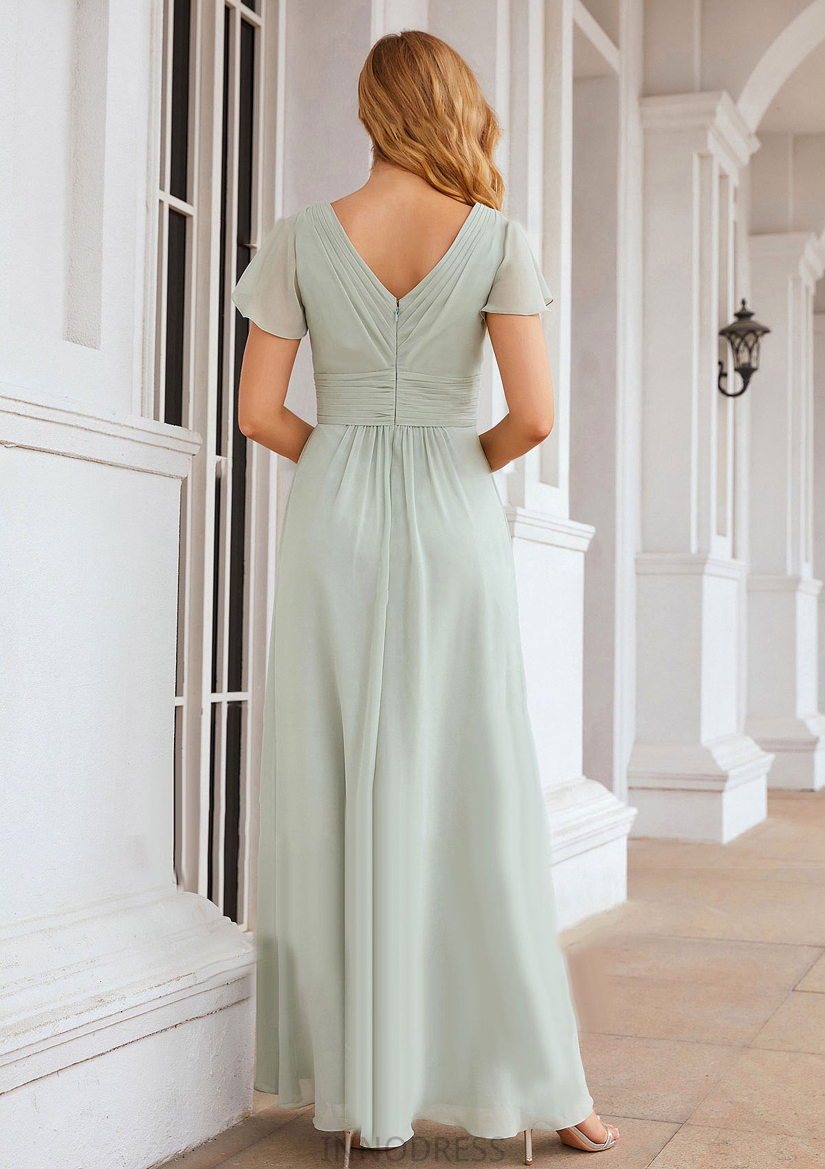 A-line V Neck Short Sleeve Long/Floor-Length Chiffon Bridesmaid Dresses With Pleated Bria DPP0025309