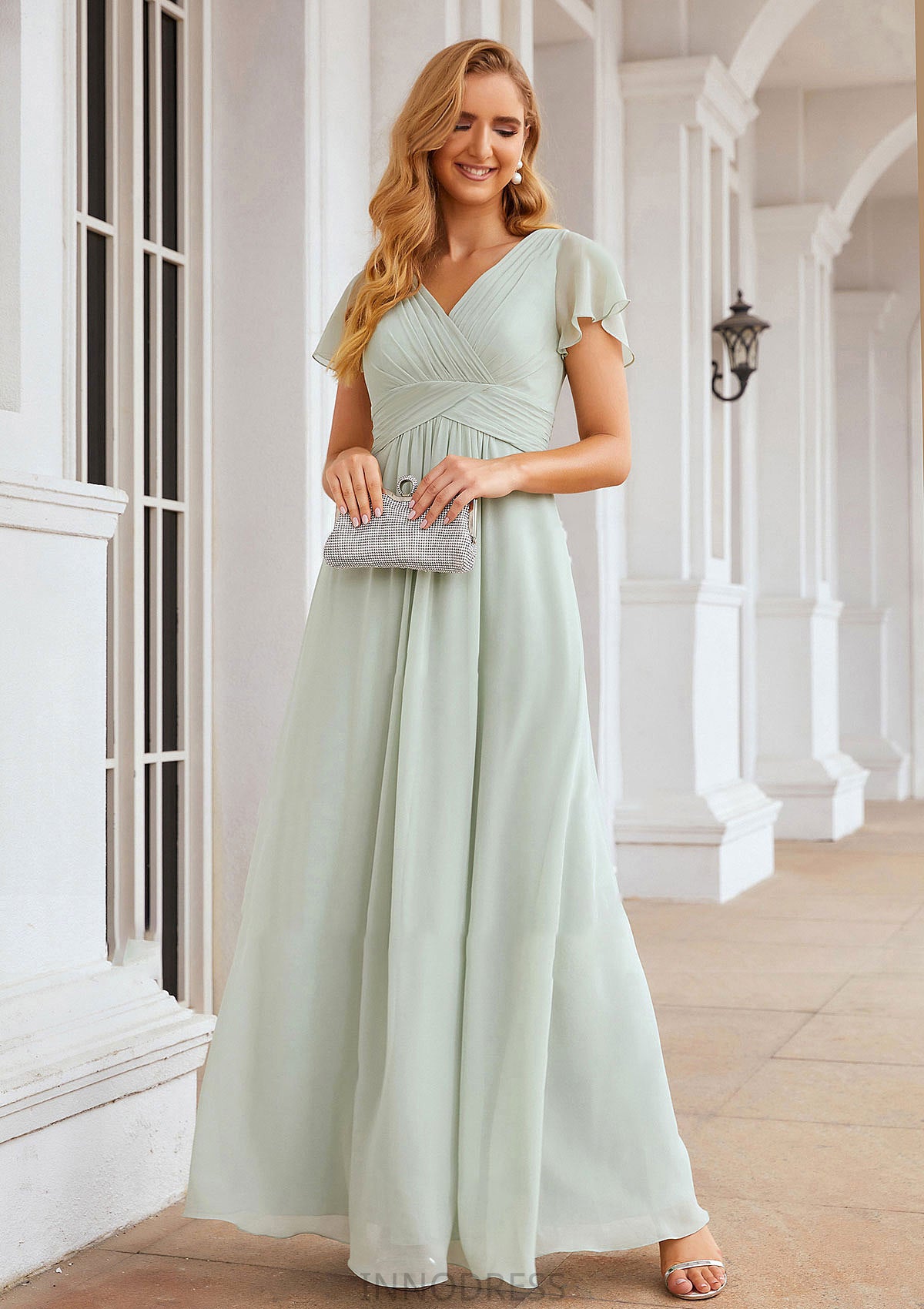 A-line V Neck Short Sleeve Long/Floor-Length Chiffon Bridesmaid Dresses With Pleated Bria DPP0025309