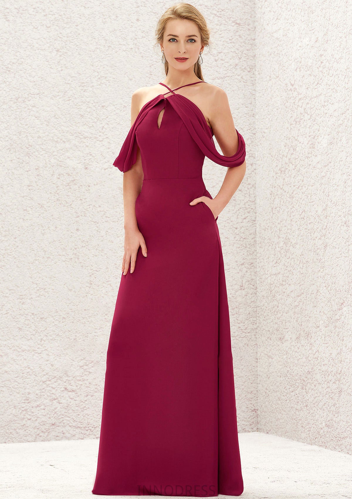 A-line Scalloped Neck Sleeveless Chiffon Long/Floor-Length Bridesmaid Dresses With Pockets Alani DPP0025310