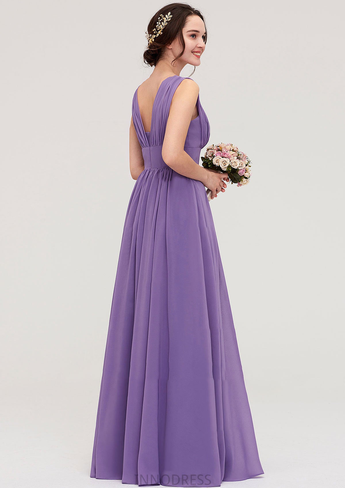 Sleeveless Scalloped Neck Chiffon Long/Floor-Length Bridesmaid Dresseses With Pleated Donna DPP0025314