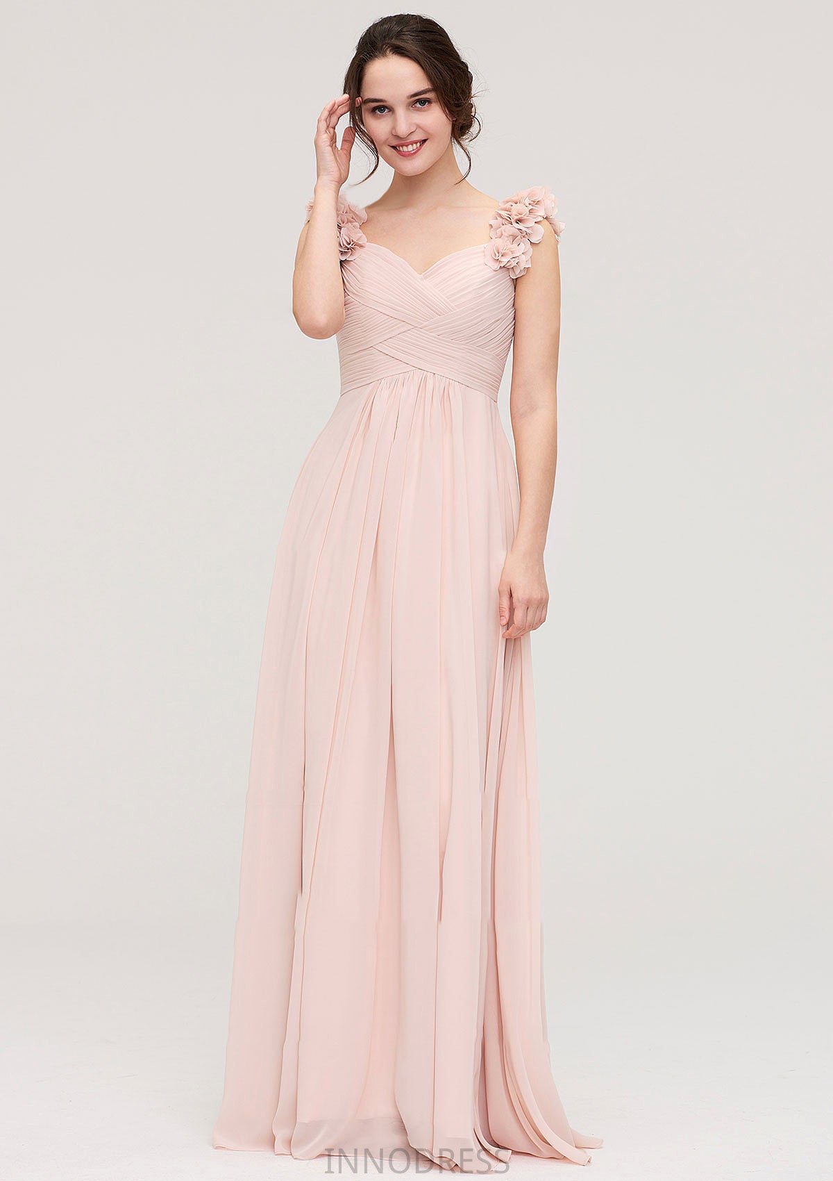 Sweetheart Sleeveless A-line/Princess Chiffon Long/Floor-Length Bridesmaid Dresses With Pleated Shoulder Flower Vera DPP0025315