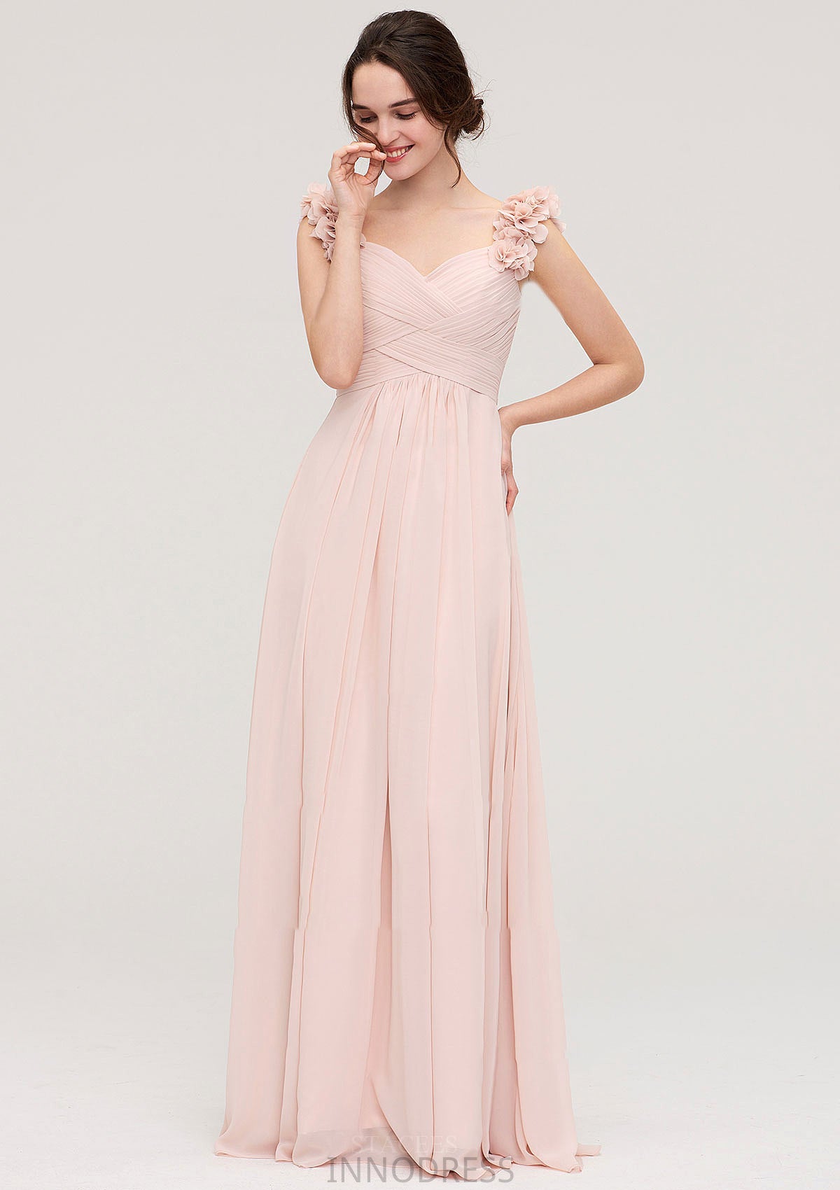 Sweetheart Sleeveless A-line/Princess Chiffon Long/Floor-Length Bridesmaid Dresses With Pleated Shoulder Flower Vera DPP0025315