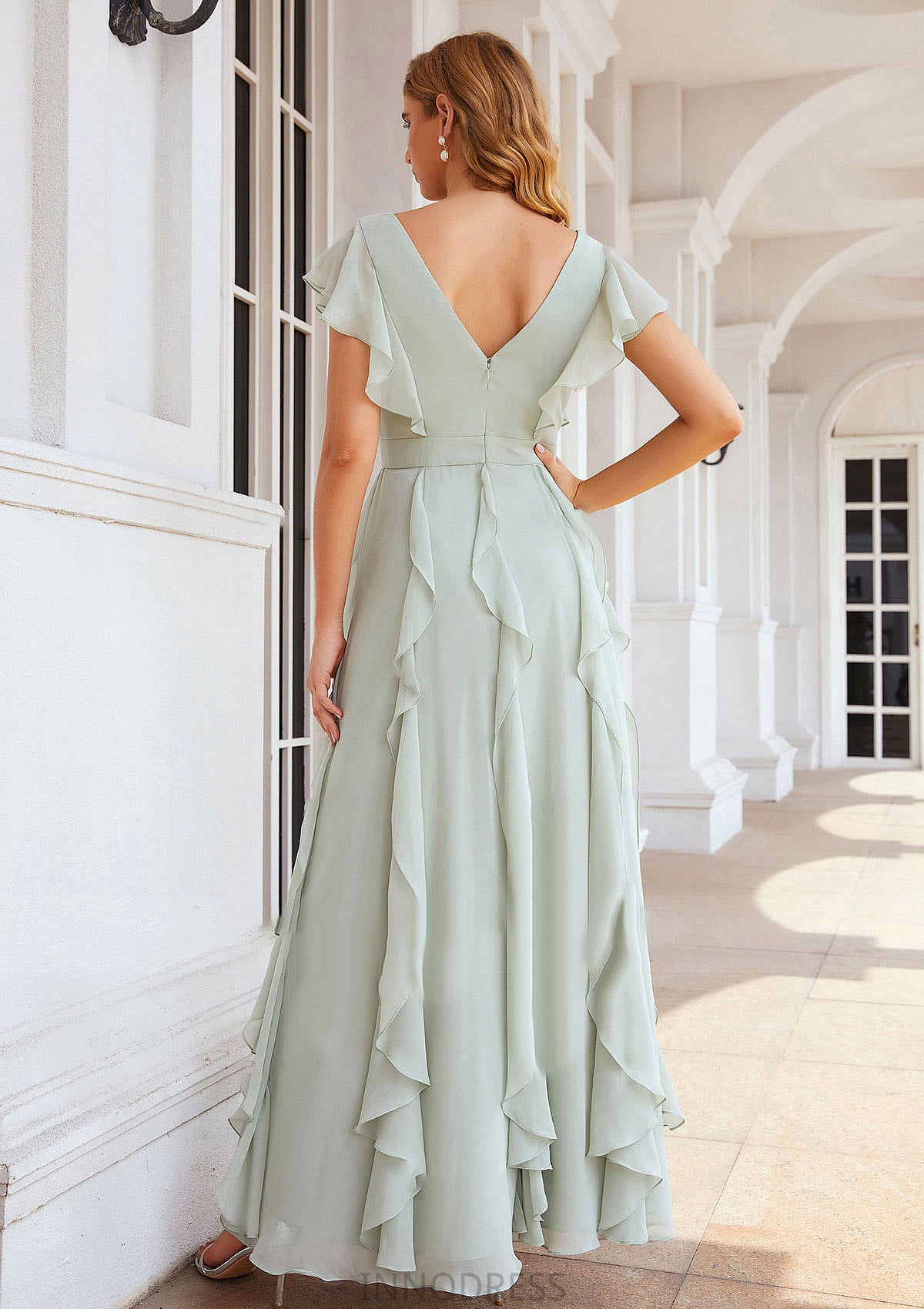 A-line V Neck Short Sleeve Long/Floor-Length Chiffon Bridesmaid Dresses With Pleated Ruffles Gladys DPP0025316