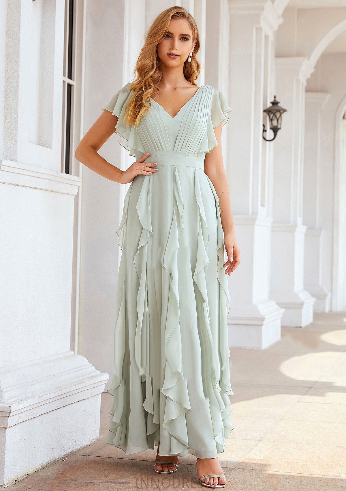 A-line V Neck Short Sleeve Long/Floor-Length Chiffon Bridesmaid Dresses With Pleated Ruffles Gladys DPP0025316