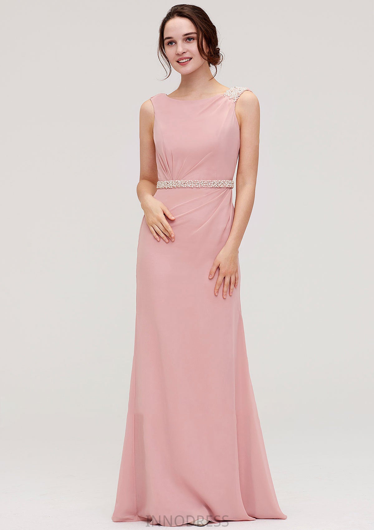 Sleeveless Sheath/Column Long/Floor-Length Chiffon Bridesmaid Dresses With Waistband Beading Ida DPP0025317