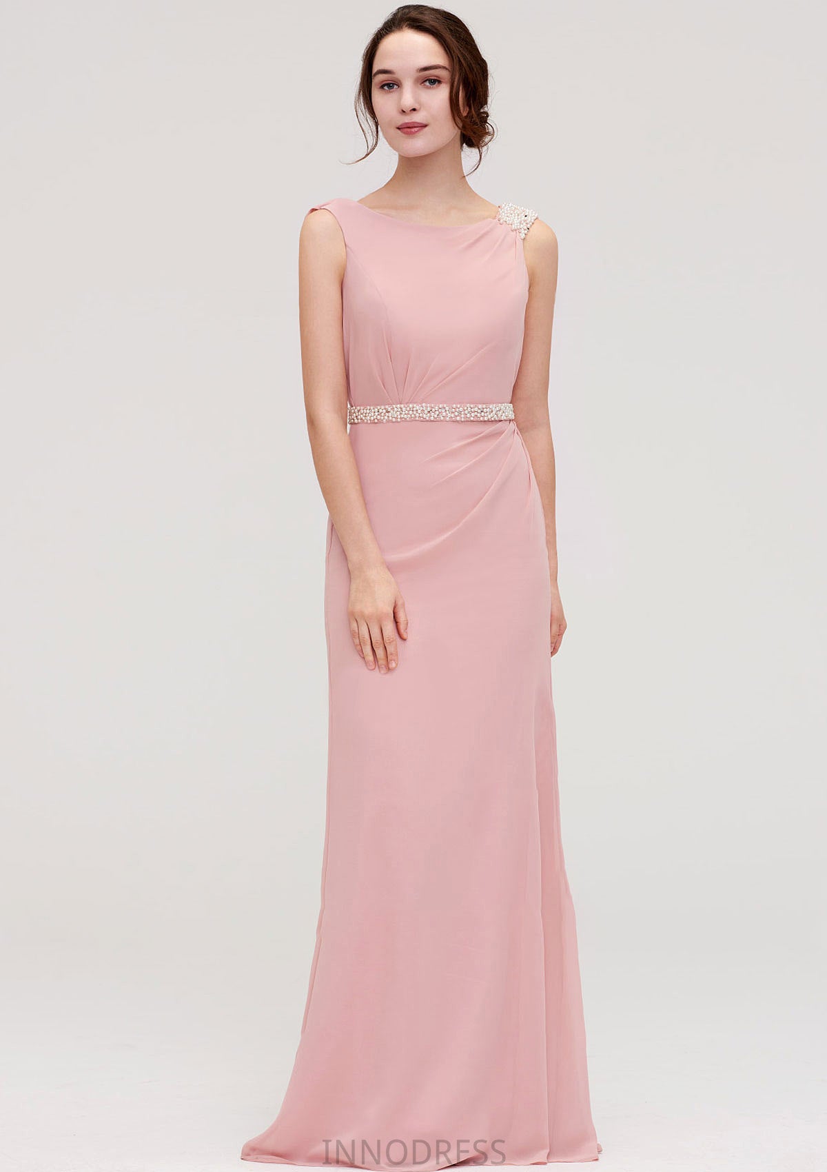 Sleeveless Sheath/Column Long/Floor-Length Chiffon Bridesmaid Dresses With Waistband Beading Ida DPP0025317