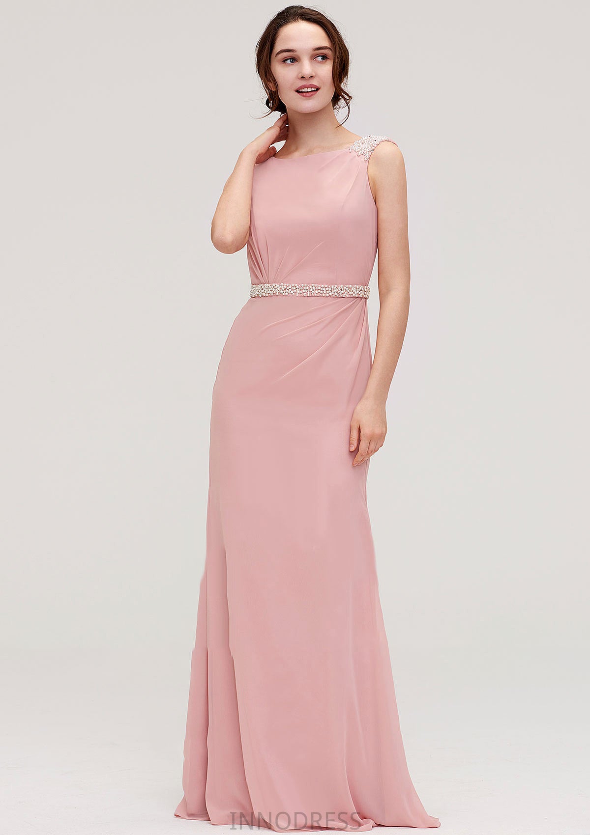 Sleeveless Sheath/Column Long/Floor-Length Chiffon Bridesmaid Dresses With Waistband Beading Ida DPP0025317