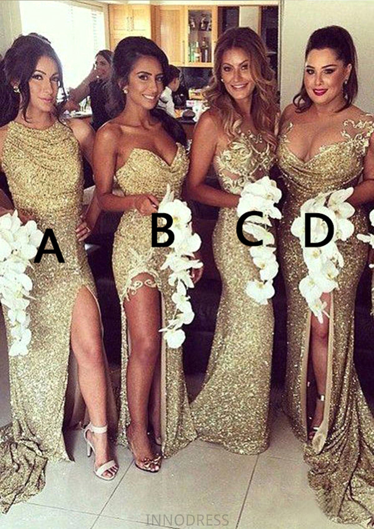 Bateau Sleeveless Sweep Train Sheath/Column Sequined Bridesmaid Dresses Madalyn DPP0025321