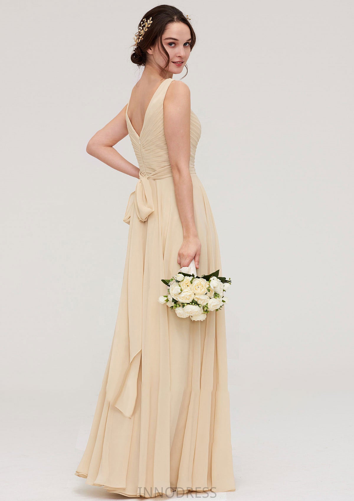 A-line/Princess V Neck Long/Floor-Length A-line/Princess Chiffon Bridesmaid Dresses With Sashes Pleated Marisa DPP0025322