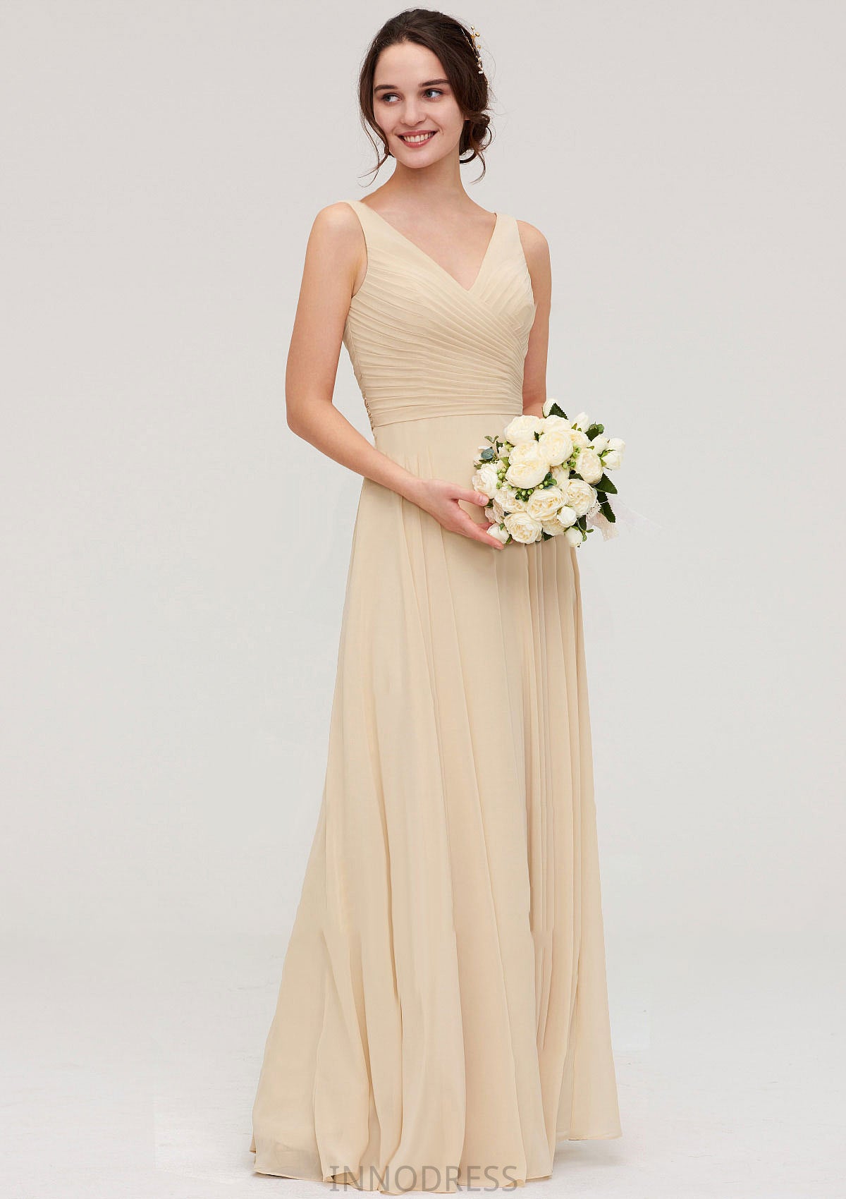 A-line/Princess V Neck Long/Floor-Length A-line/Princess Chiffon Bridesmaid Dresses With Sashes Pleated Marisa DPP0025322