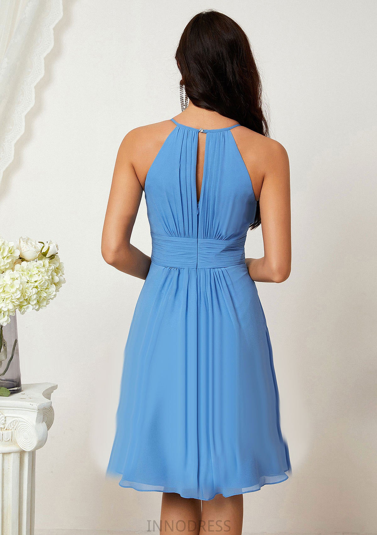 A-line Halter Sleeveless Knee-Length Chiffon Bridesmaid Dresses With Pleated    Maud DPP0025324