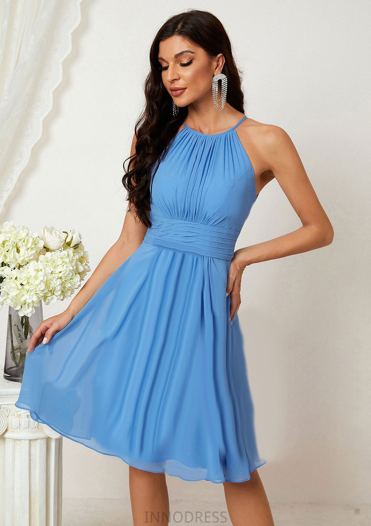 A-line Halter Sleeveless Knee-Length Chiffon Bridesmaid Dresses With Pleated    Maud DPP0025324