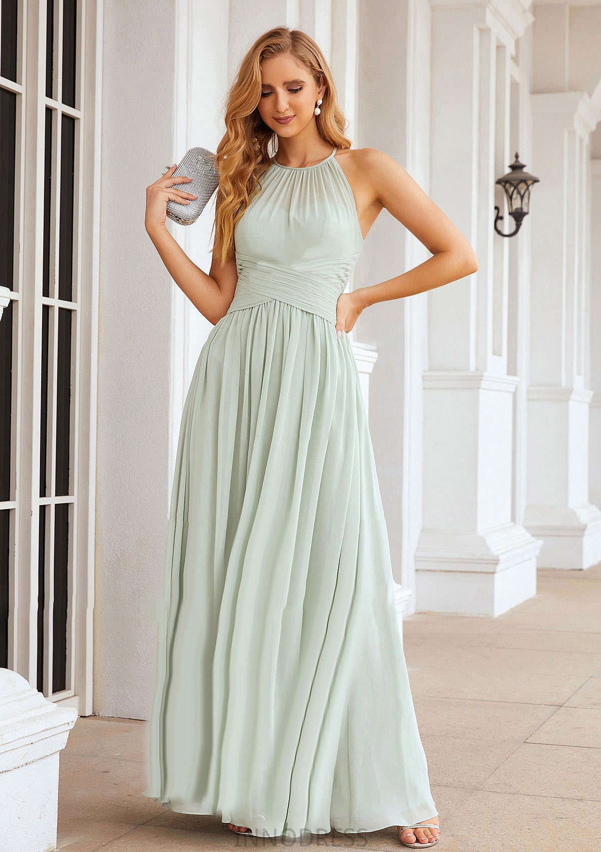 A-line Halter Sleeveless Long/Floor-Length Chiffon Bridesmaid Dresses With Pleated Leilani DPP0025325