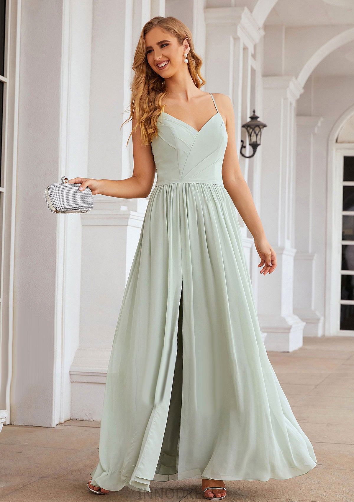 A-line V Neck Sleeveless Long/Floor-Length Chiffon Bridesmaid Dresses With Pleated Split Sariah DPP0025327