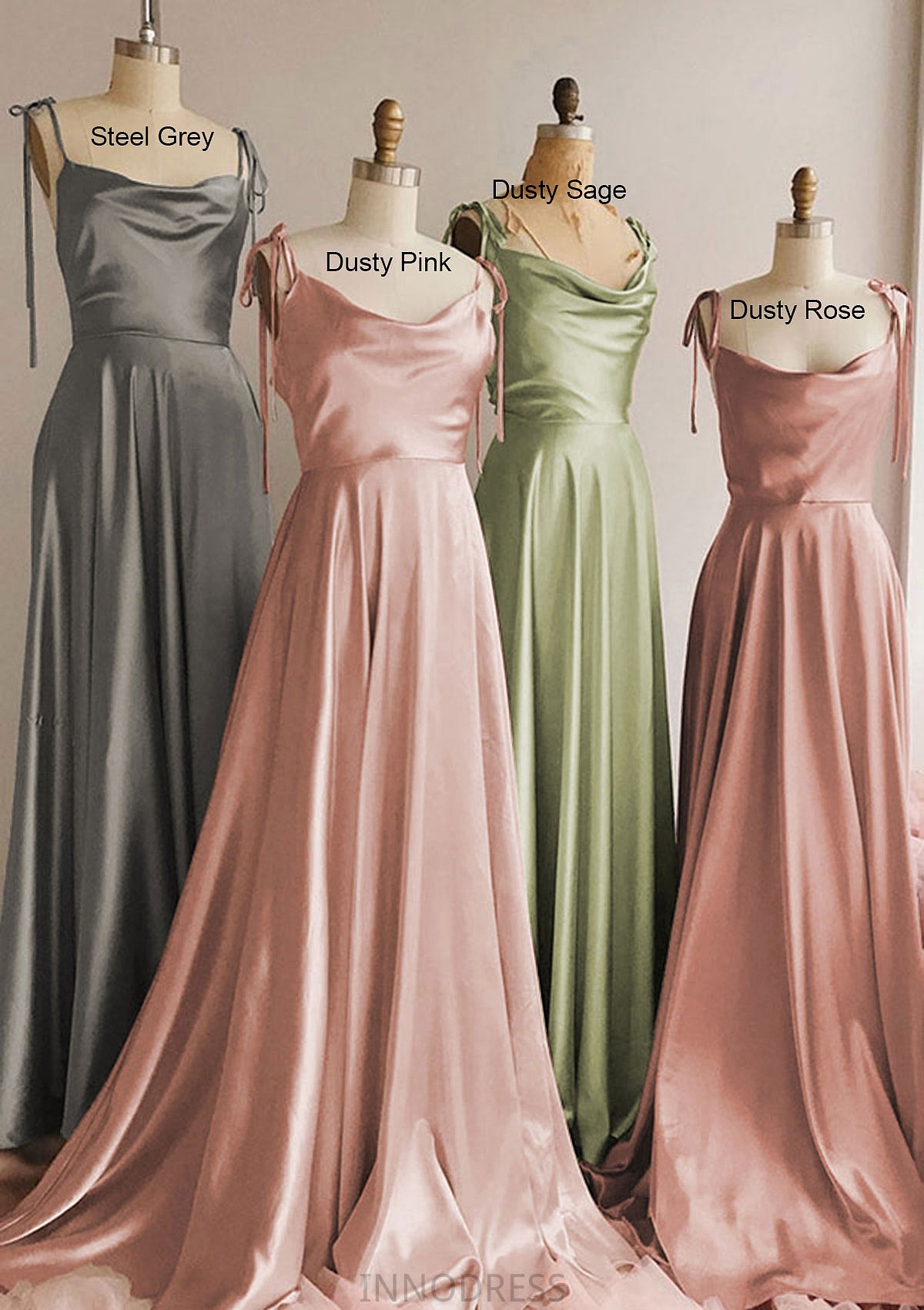 A-line Cowl Neck Spaghetti Straps Long/Floor-Length Charmeuse Bridesmaid Dresses With Split Riya DPP0025330