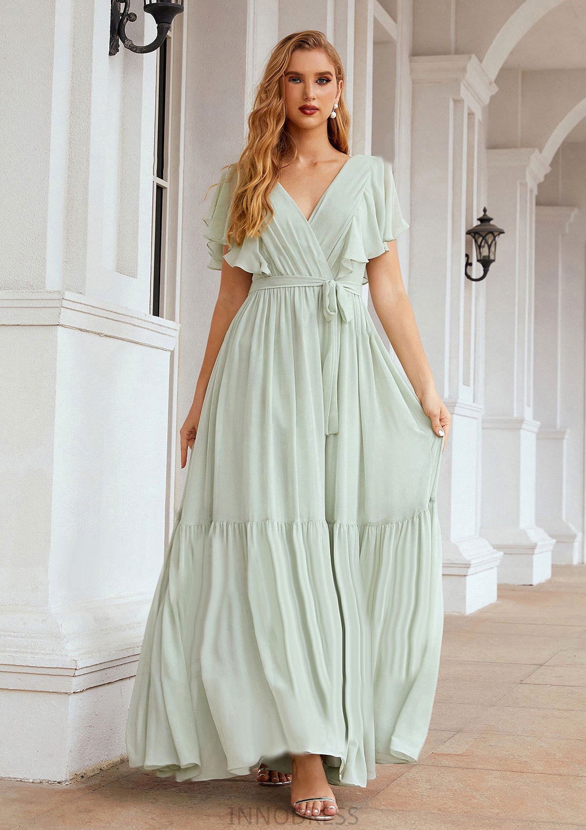 A-line V Neck Short Sleeve Chiffon Long/Floor-Length Bridesmaid Dresses With Pleated Hadassah DPP0025331