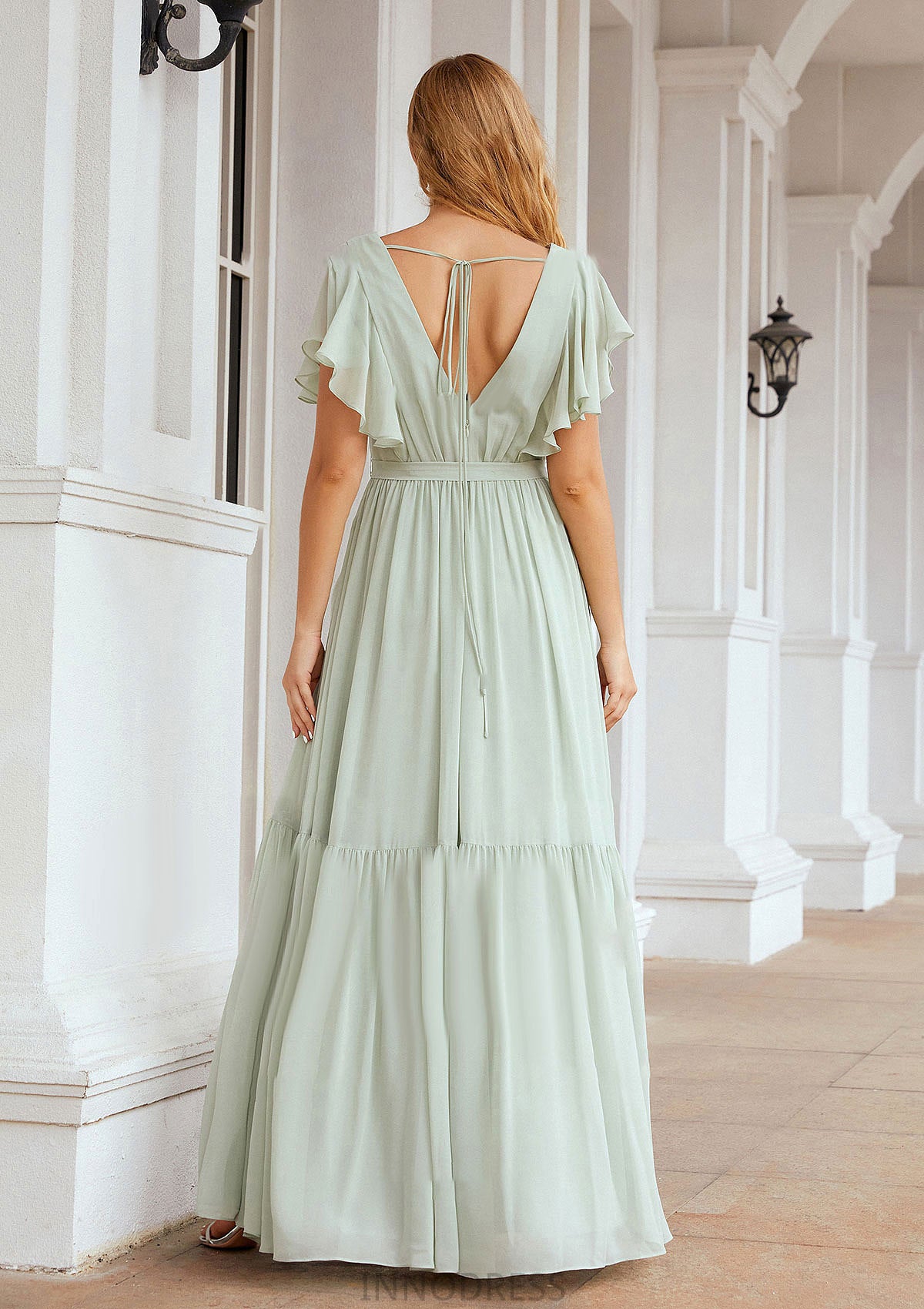 A-line V Neck Short Sleeve Chiffon Long/Floor-Length Bridesmaid Dresses With Pleated Hadassah DPP0025331