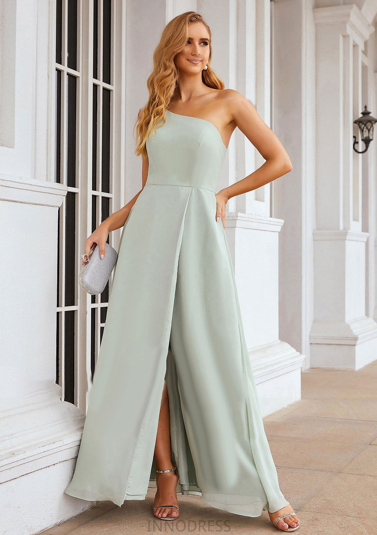 A-line One-Shoulder Sleeveless Long/Floor-Length Chiffon Bridesmaid Dresses With Split Lacey DPP0025333