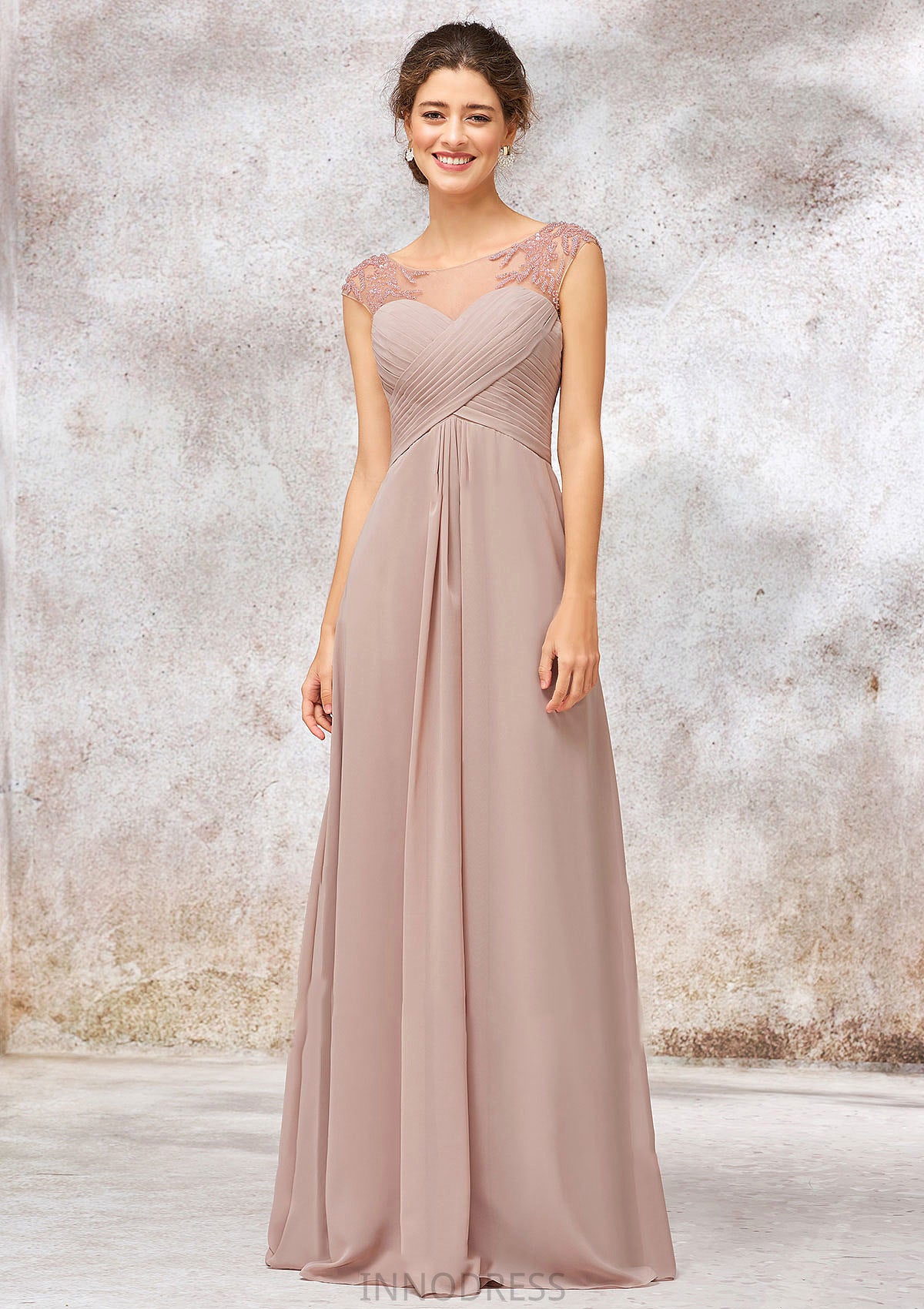 Illusion Neck Long/Floor-Length Chiffon A-line/Princess Bridesmaid Dresses  With Sequins Pleated Beading Charlotte DPP0025334