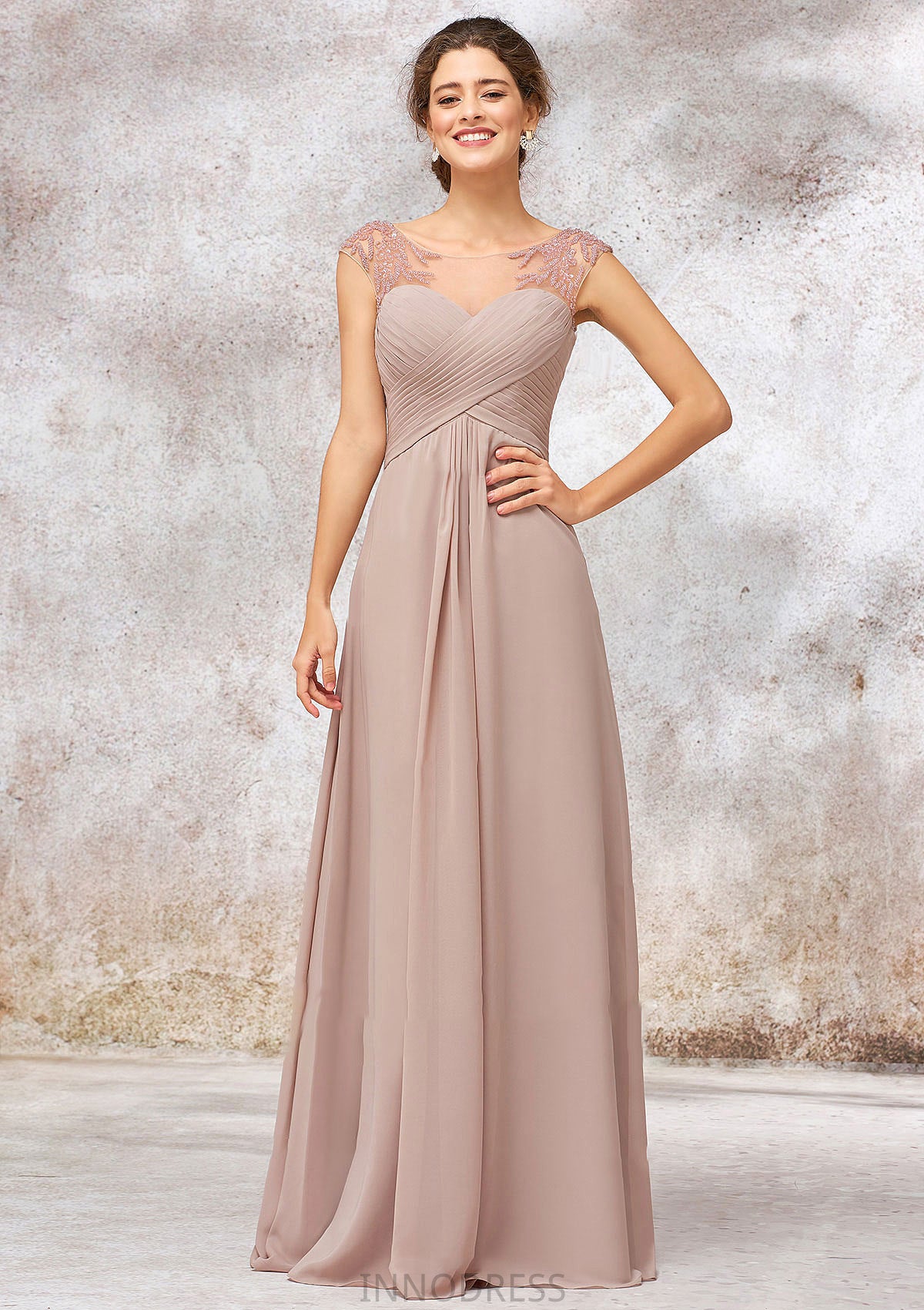 Illusion Neck Long/Floor-Length Chiffon A-line/Princess Bridesmaid Dresses  With Sequins Pleated Beading Charlotte DPP0025334