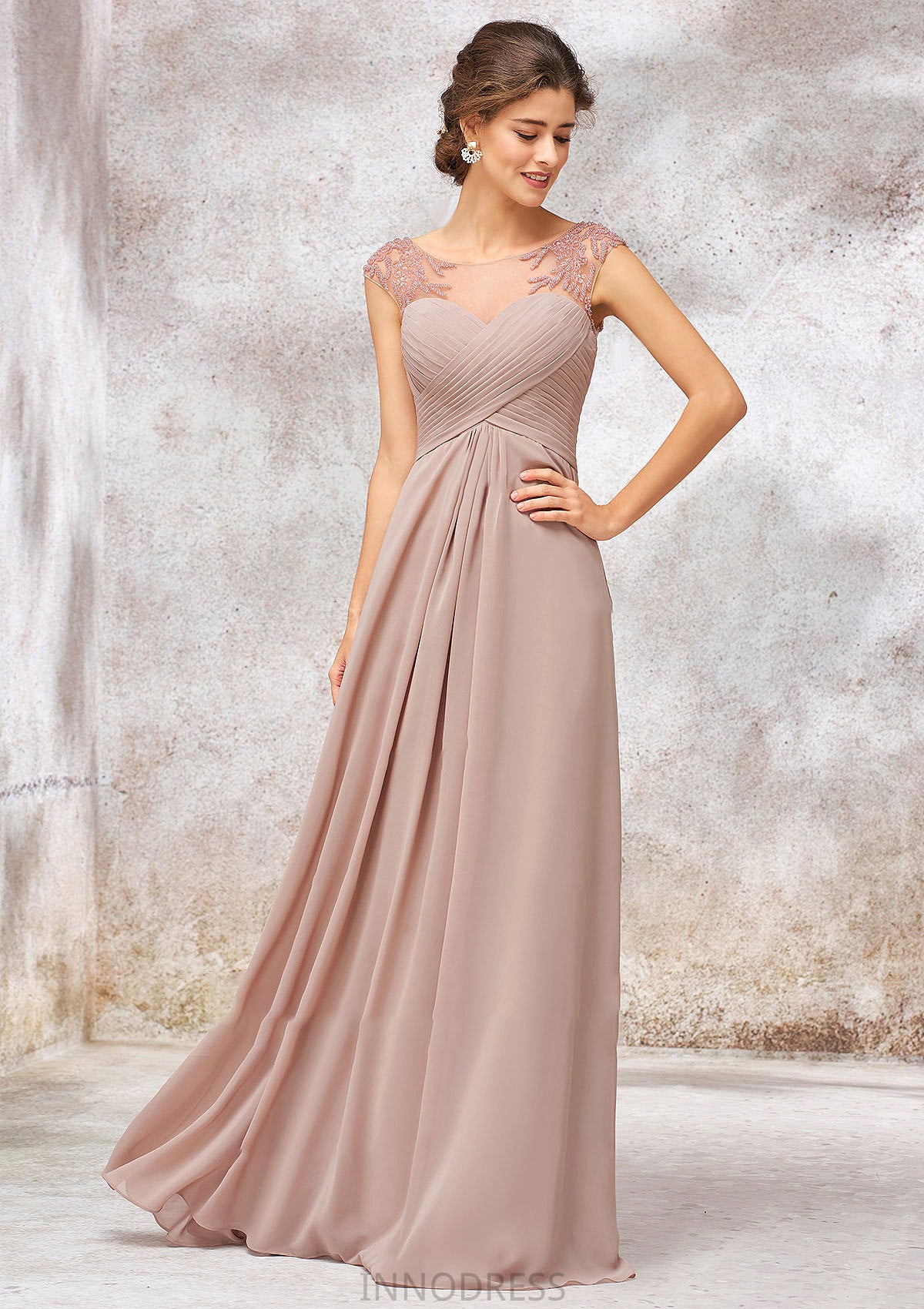 Illusion Neck Long/Floor-Length Chiffon A-line/Princess Bridesmaid Dresses  With Sequins Pleated Beading Charlotte DPP0025334