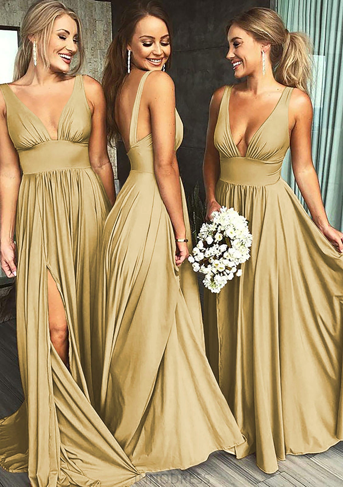 A-Line/Princess V-Neck Sweep Train Jersey Bridesmaid Dresses With Split Front Pleated Waistband Madelynn DPP0025336