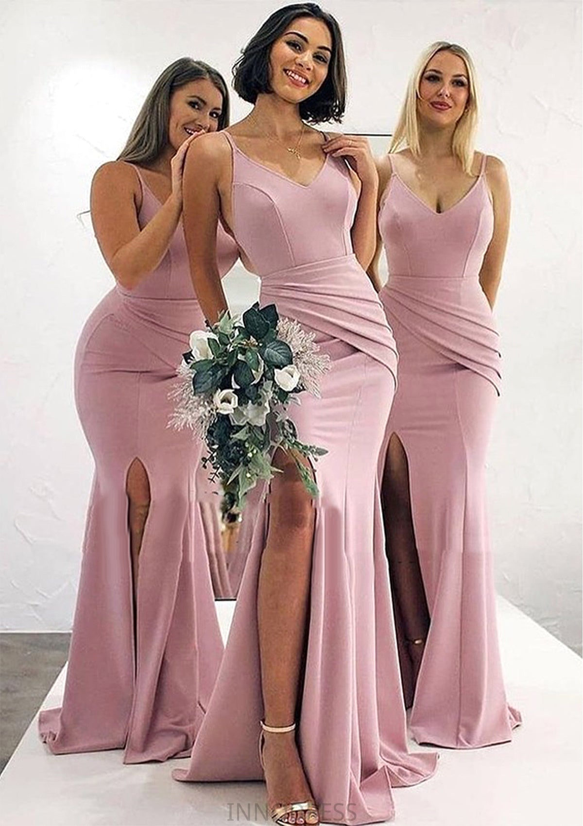 Trumpet/Mermaid V Neck Sleeveless Long/Floor-Length Elastic Satin Bridesmaid Dresses With Pleated Split Fiona DPP0025347