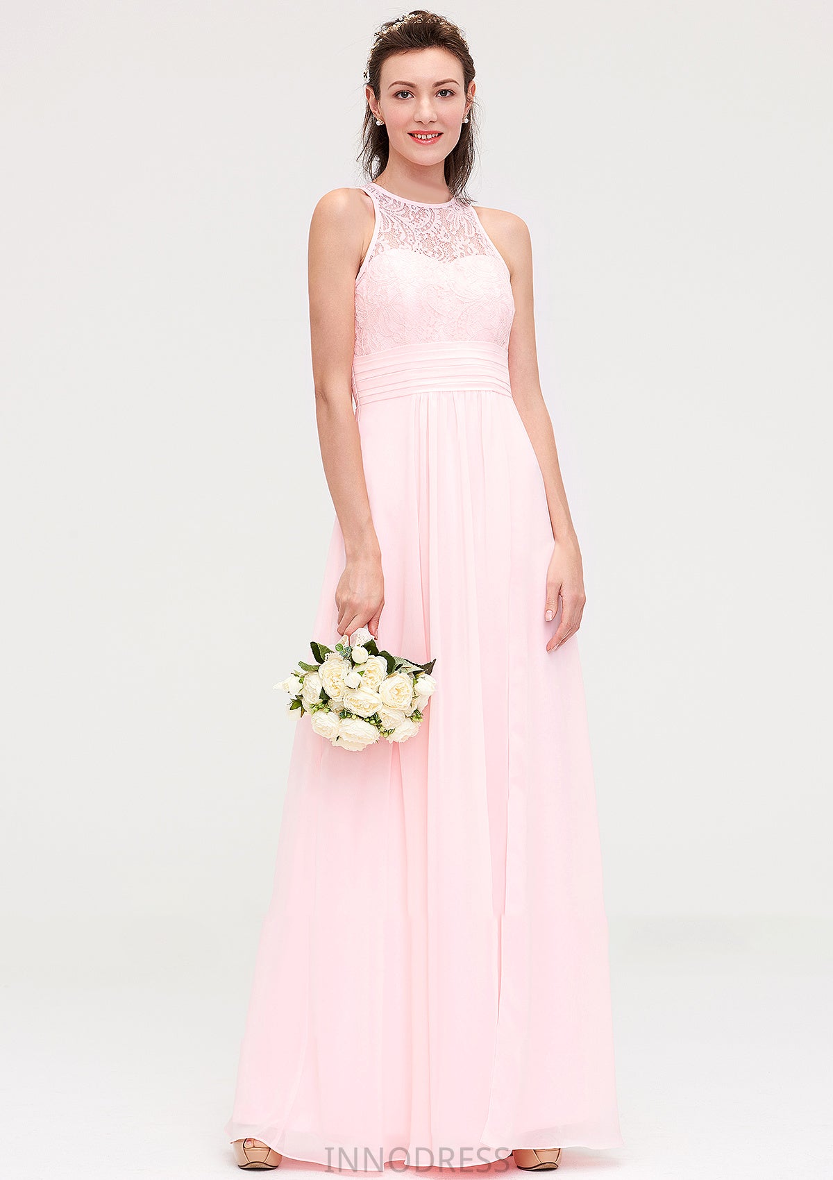 Sleeveless Scoop Neck Chiffon A-line/Princess Long/Floor-Length Bridesmaid Dresseses With Split Lace Amina DPP0025349