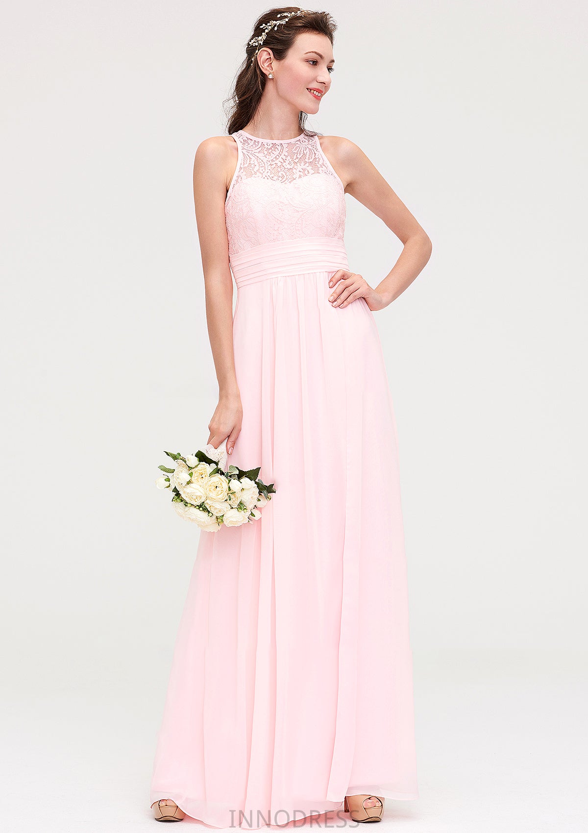 Sleeveless Scoop Neck Chiffon A-line/Princess Long/Floor-Length Bridesmaid Dresseses With Split Lace Amina DPP0025349