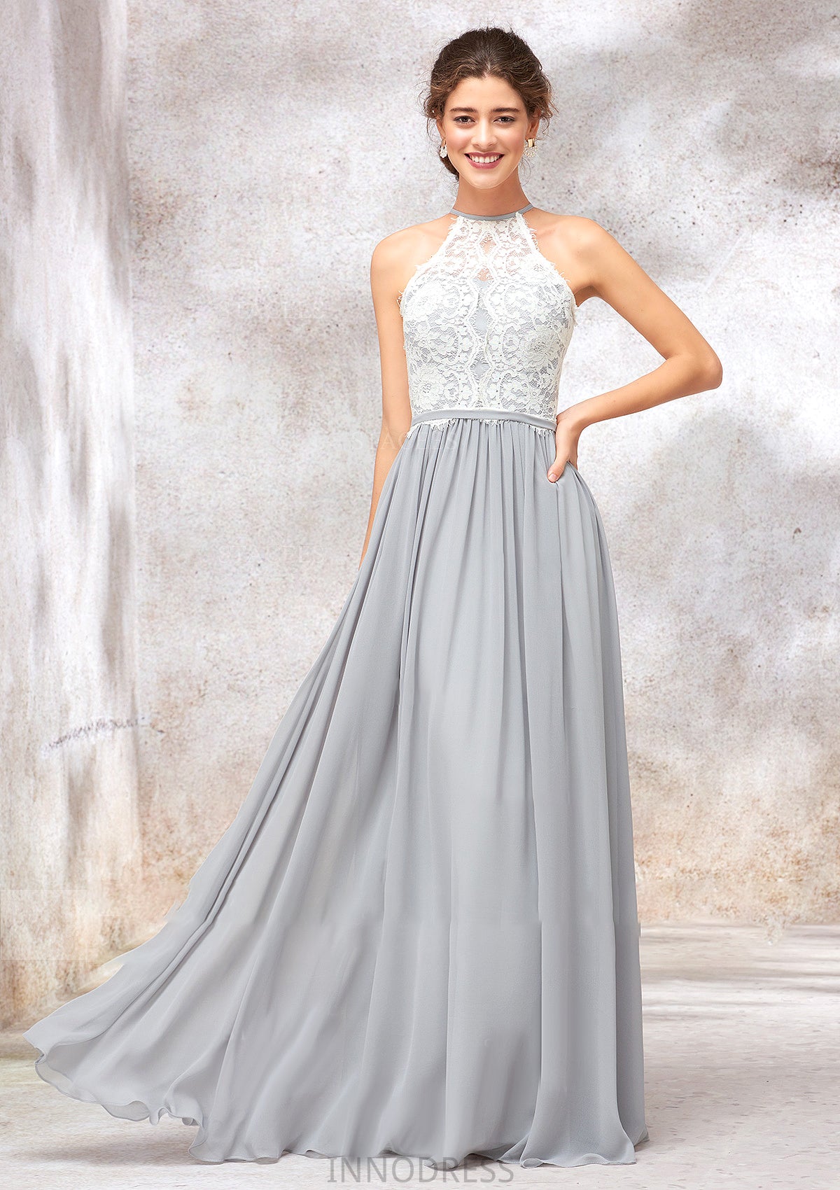 Scoop Neck A-line/Princess Sleeveless Chiffon Long/Floor-Length Bridesmaid Dresses With Lace Gisselle DPP0025350