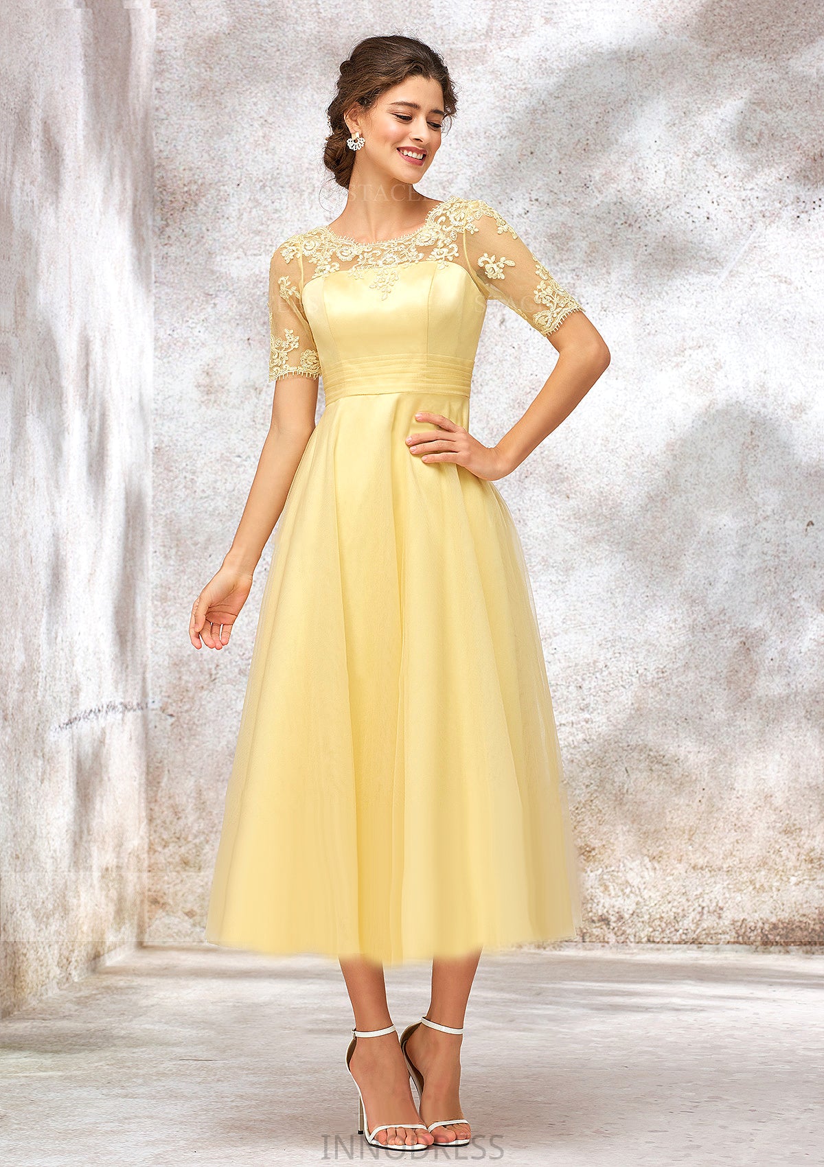 Short Sleeve A-line/Princess Tulle Bateau Bridesmaid Dresses With Lace Appliqued Jaida DPP0025351