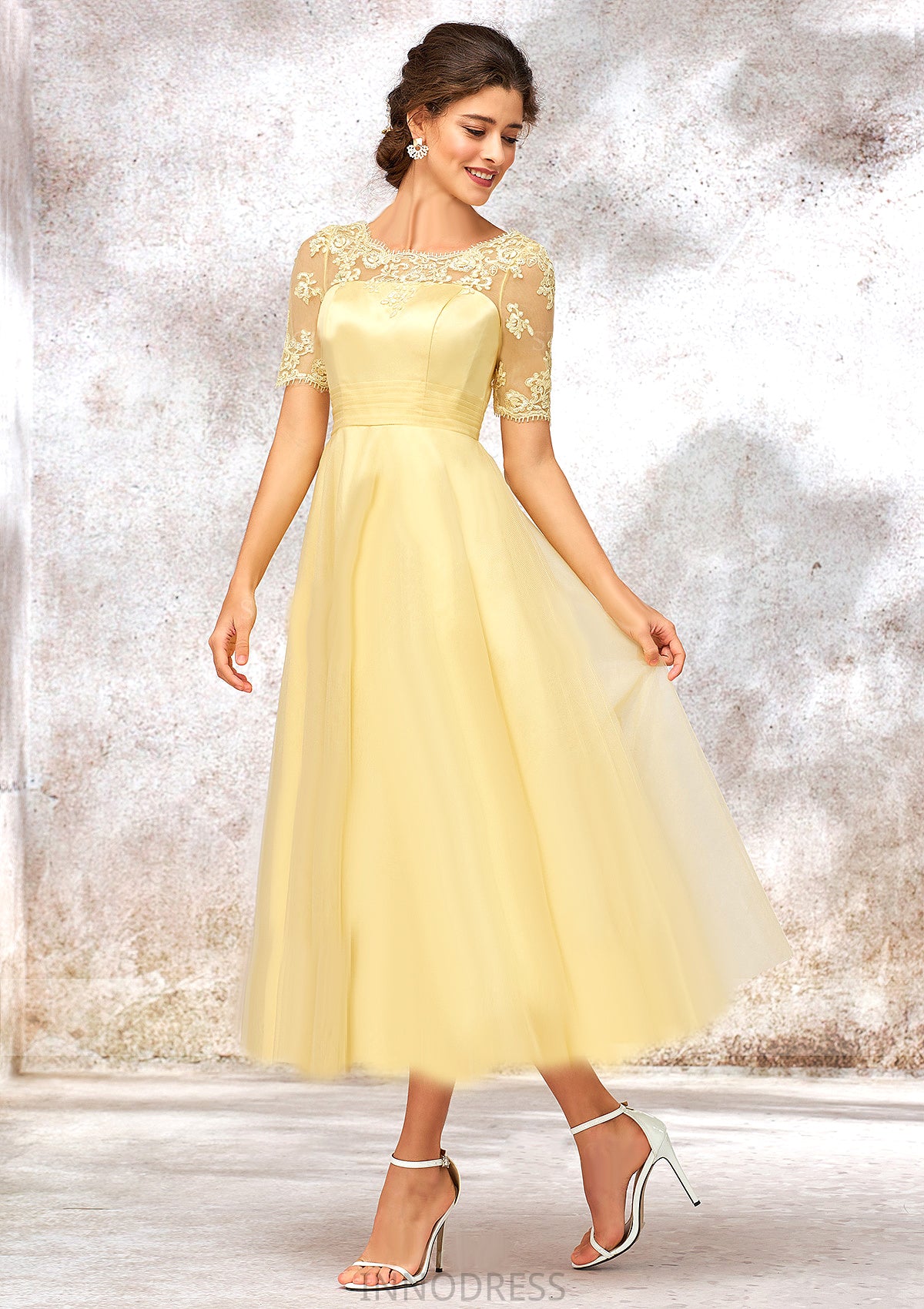 Short Sleeve A-line/Princess Tulle Bateau Bridesmaid Dresses With Lace Appliqued Jaida DPP0025351